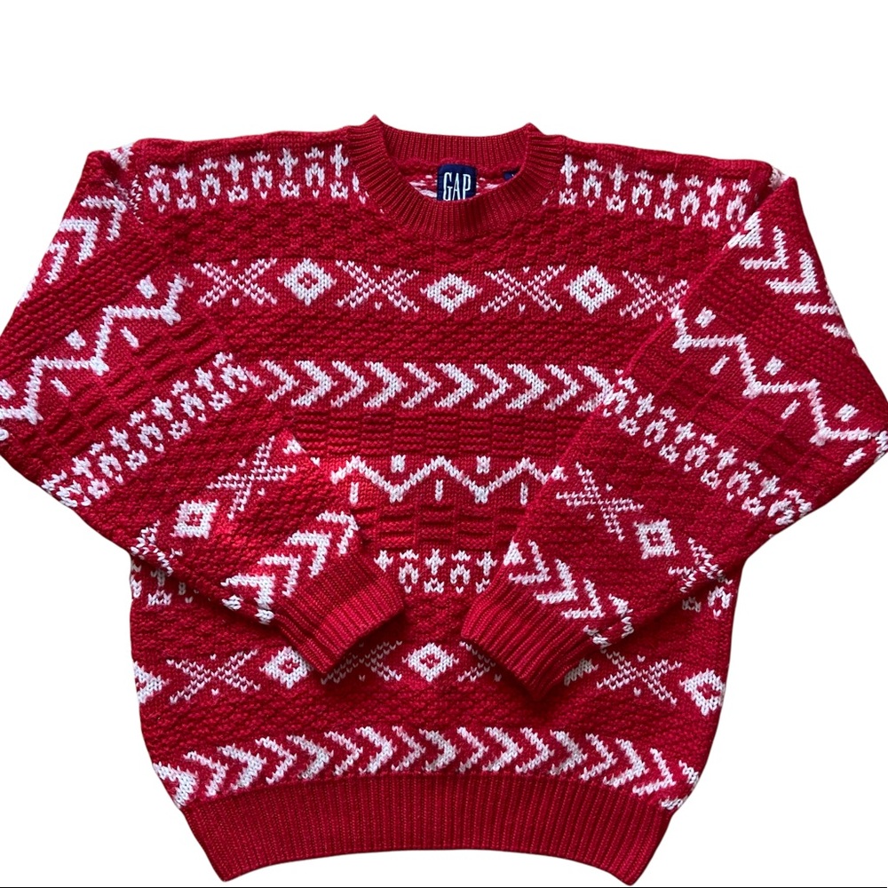 GAP Chunky Knit Wool Red White Sweater Large